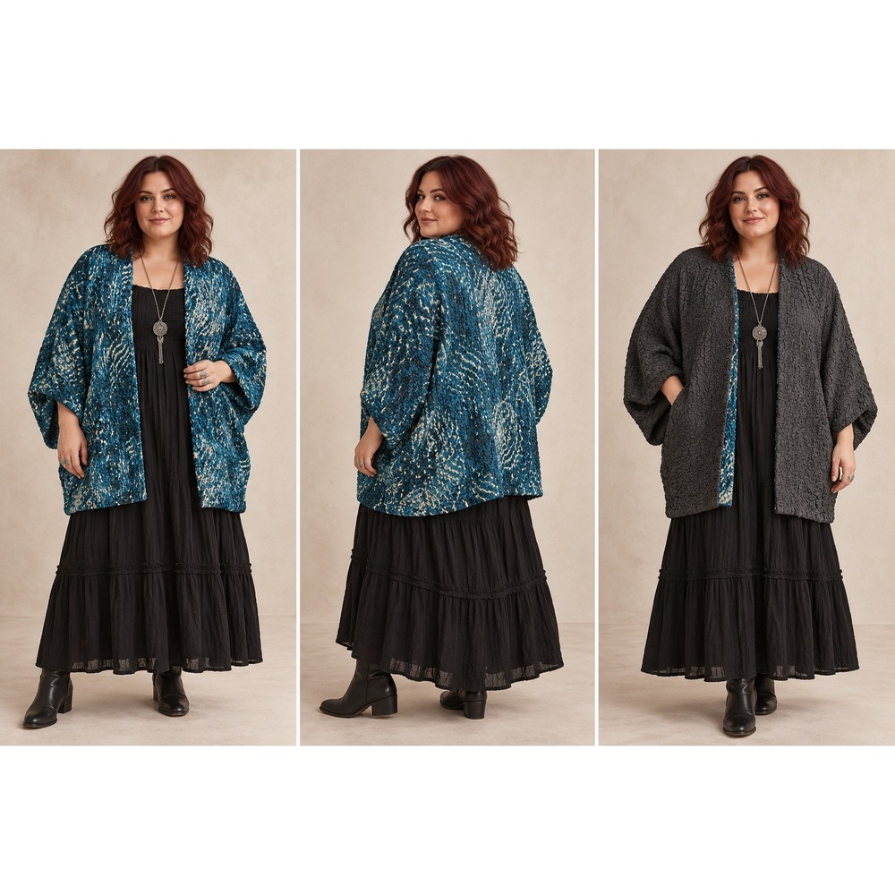 Boho Whimsigoth Artsy Reversible BlueBlack Crinkle Popcorn Sequin 2X Jacket NWT